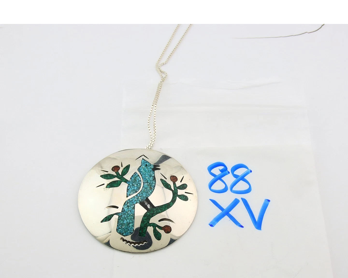 Navajo Blue Jay Necklace Sterling Silver Natural Green Gemstones Signed JS