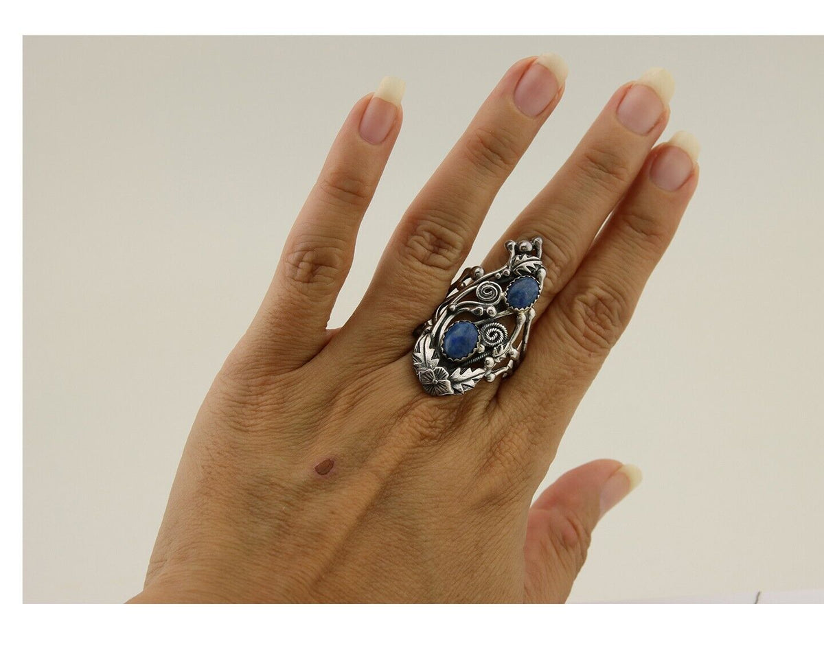 Navajo Ring 925 Silver Natural Denim Lapis Artist Signed Prairie Fire C.80's