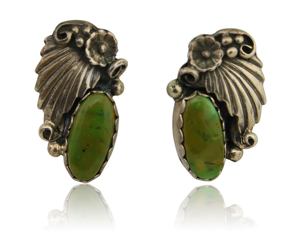 Navajo Earrings 925 Silver Natural Green Turquoise Native Artist Signed C.80's