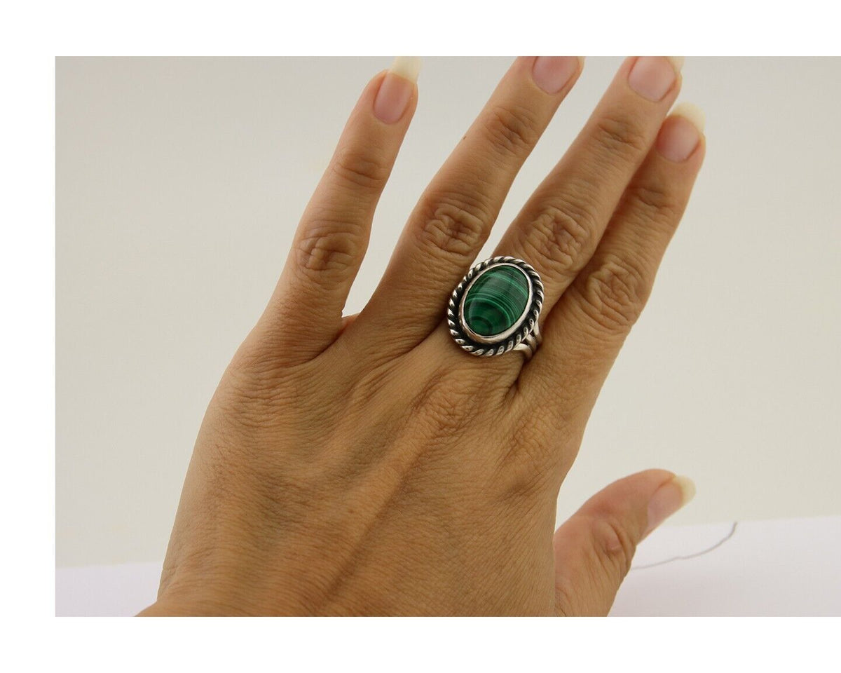 Navajo Ring 925 Silver Natural Malachite Native American Artist C.80's