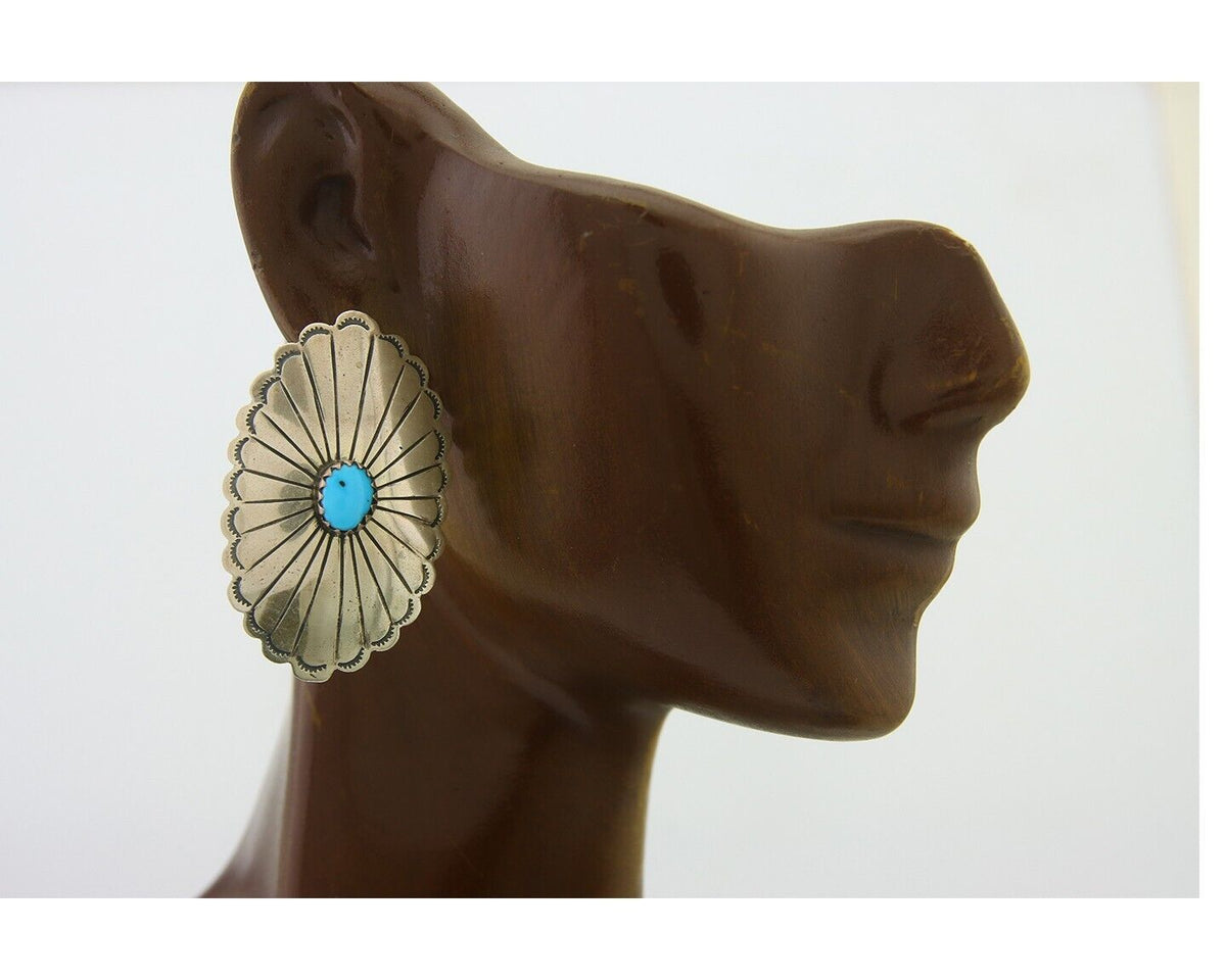 Navajo Earrings 925 Silver Natural Turquoise Artist Signed Running Bear C80s