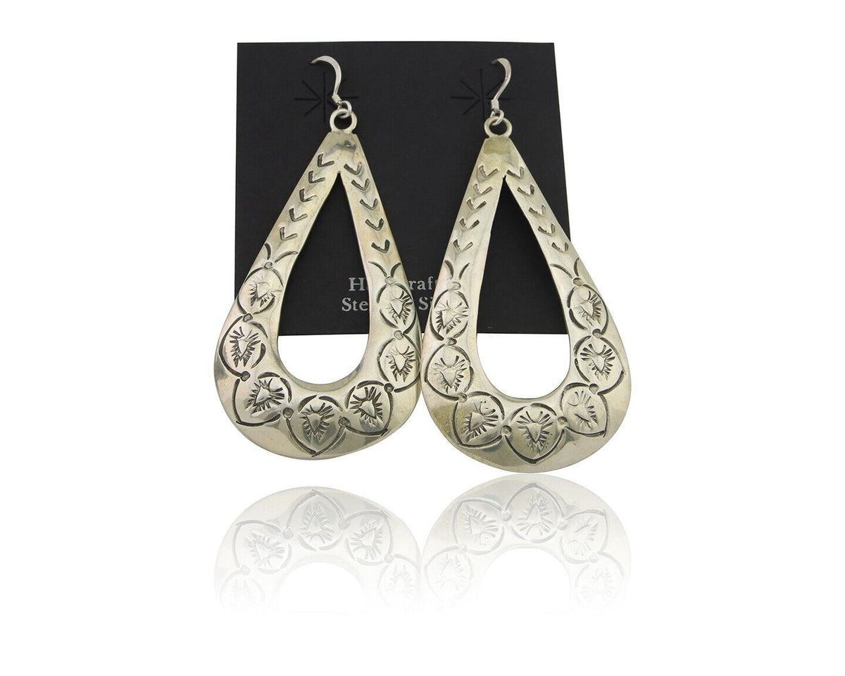 Navajo Dangle Earrings 925 Silver Hand Stamped Native American Artist C.80's