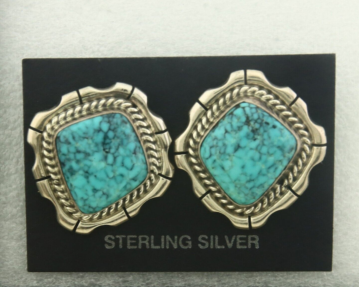 Navajo Earrings 925 Silver Natural Turquoise Artist Signed C Wylie C.80's