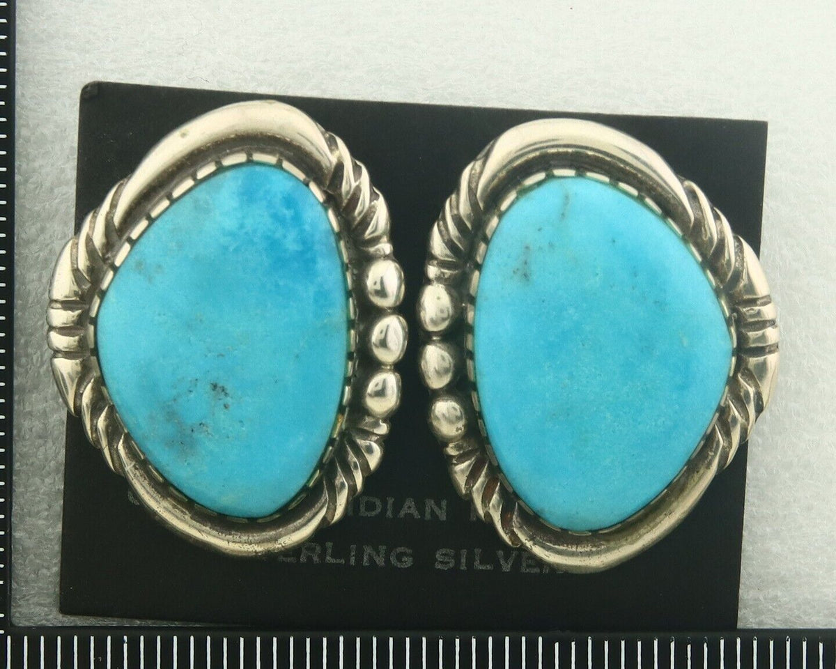 Navajo Earrings 925 Silver Natural Turquoise Artist Signed E Jackson C.80's