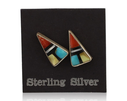 Zuni Earrings 925 Silver Natural Gemstones & Turquoise Native Artist C.80's