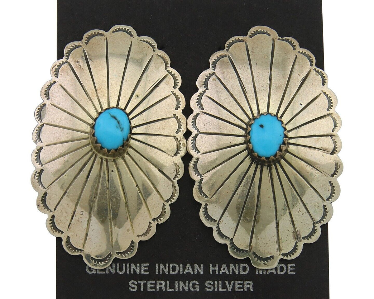 Navajo Earrings 925 Silver Natural Turquoise Artist Signed Running Bear C80s