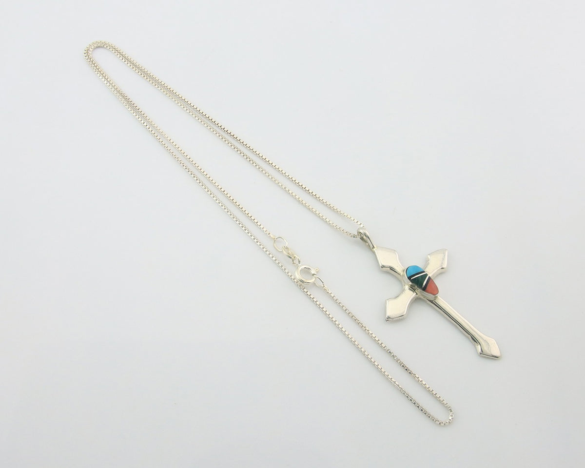 Navajo Cross Necklace Sterling Silver Authentic Natural Gemstones Signed M
