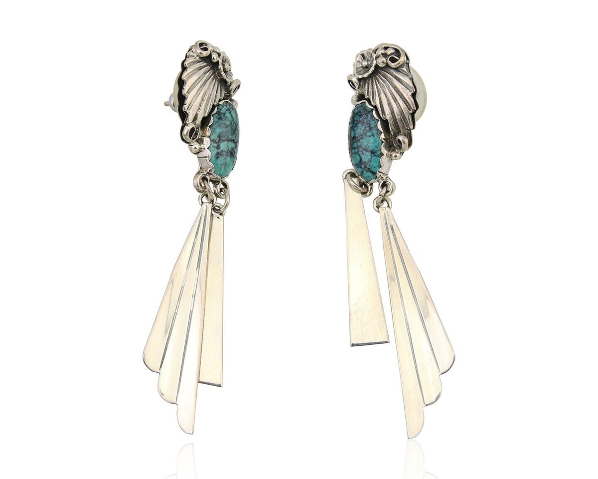 Navajo Dangle Earrings 925 Silver Natural Blue Turquoise Artist Signed M.S. C80s