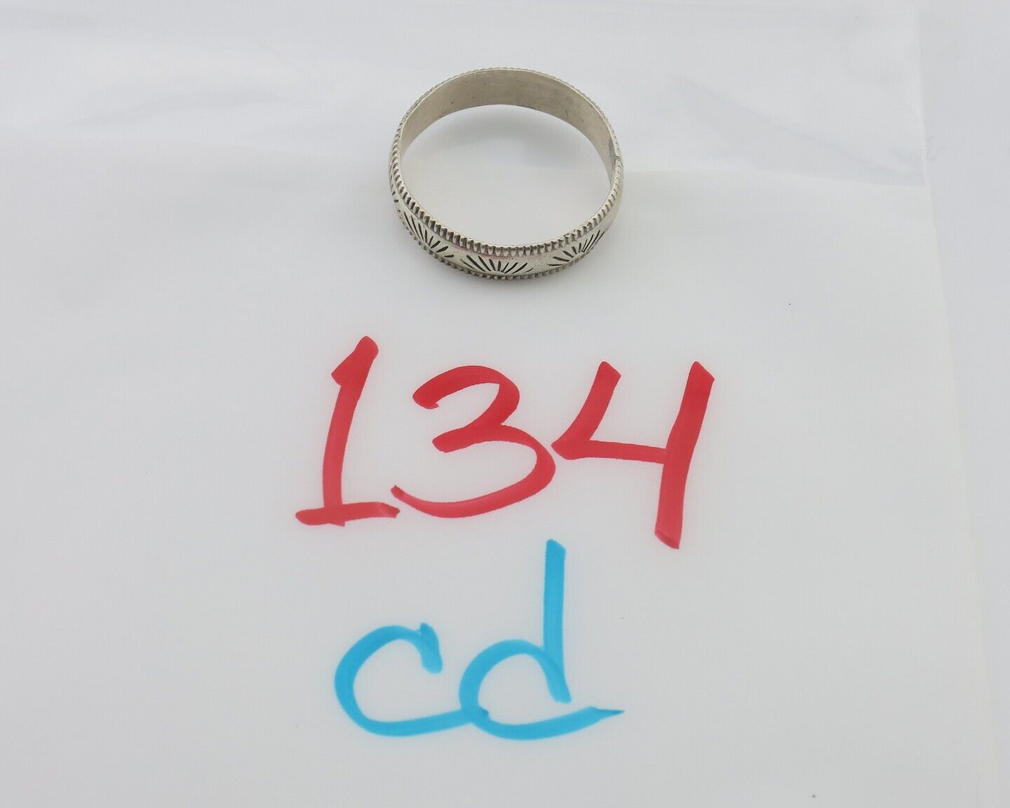 Navajo Hand Stamped Band 925 Silver 6.0 mm Signed Larry Chavez Size 12.75 C.80's