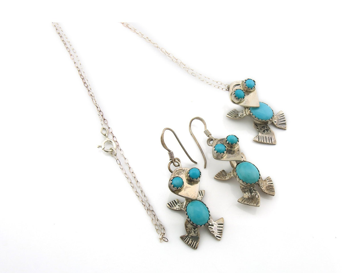 Navajo Turtle Necklace Earrings Set Sterling Silver Turquoise Vintage Signed JJ