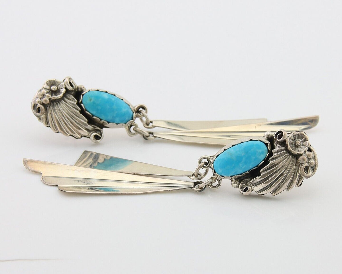 Navajo Dangle Earrings 925 Silver Natural Blue Turquoise Artist Signed M.S. C80s