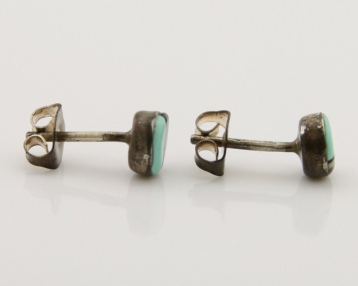 Navajo Earrings 925 Silver Inlaid Natural Onyx & Turquoise Native American C.80s