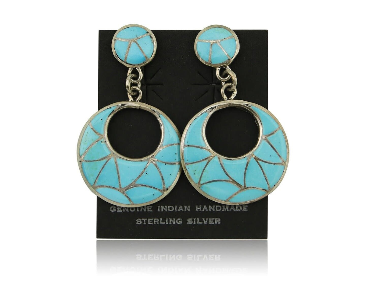 Zuni Dangle Earrings 925 Silver Natural Blue Turquoise Signed ELB C.80's