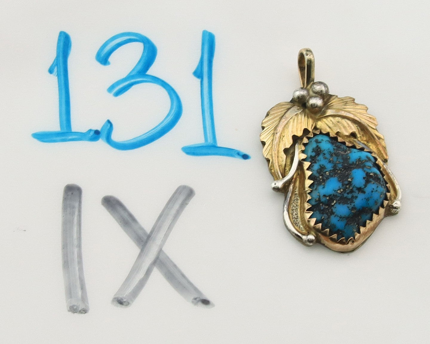 Navajo Pendant Sterling Silver & Gold Natural Blue Turquoise Signed Virgnina C
