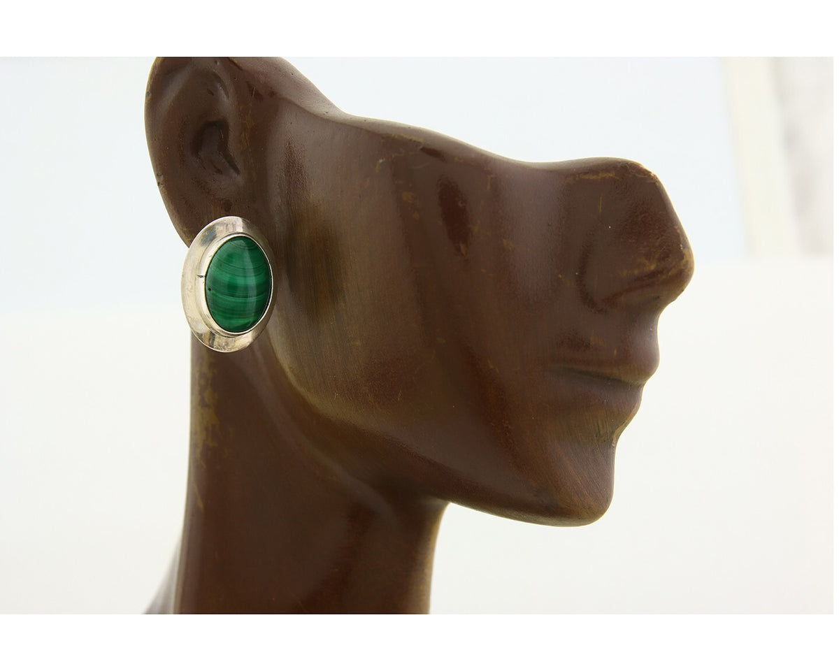 Navajo Earrings 925 Silver Natural Malachite Native American Artist C.80's