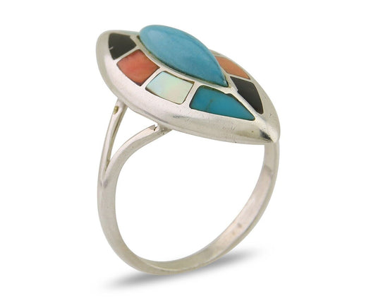 Navajo Ring 925 Silver Turquoise Shell Onyx Spiney Oyster Native Artist C.80's
