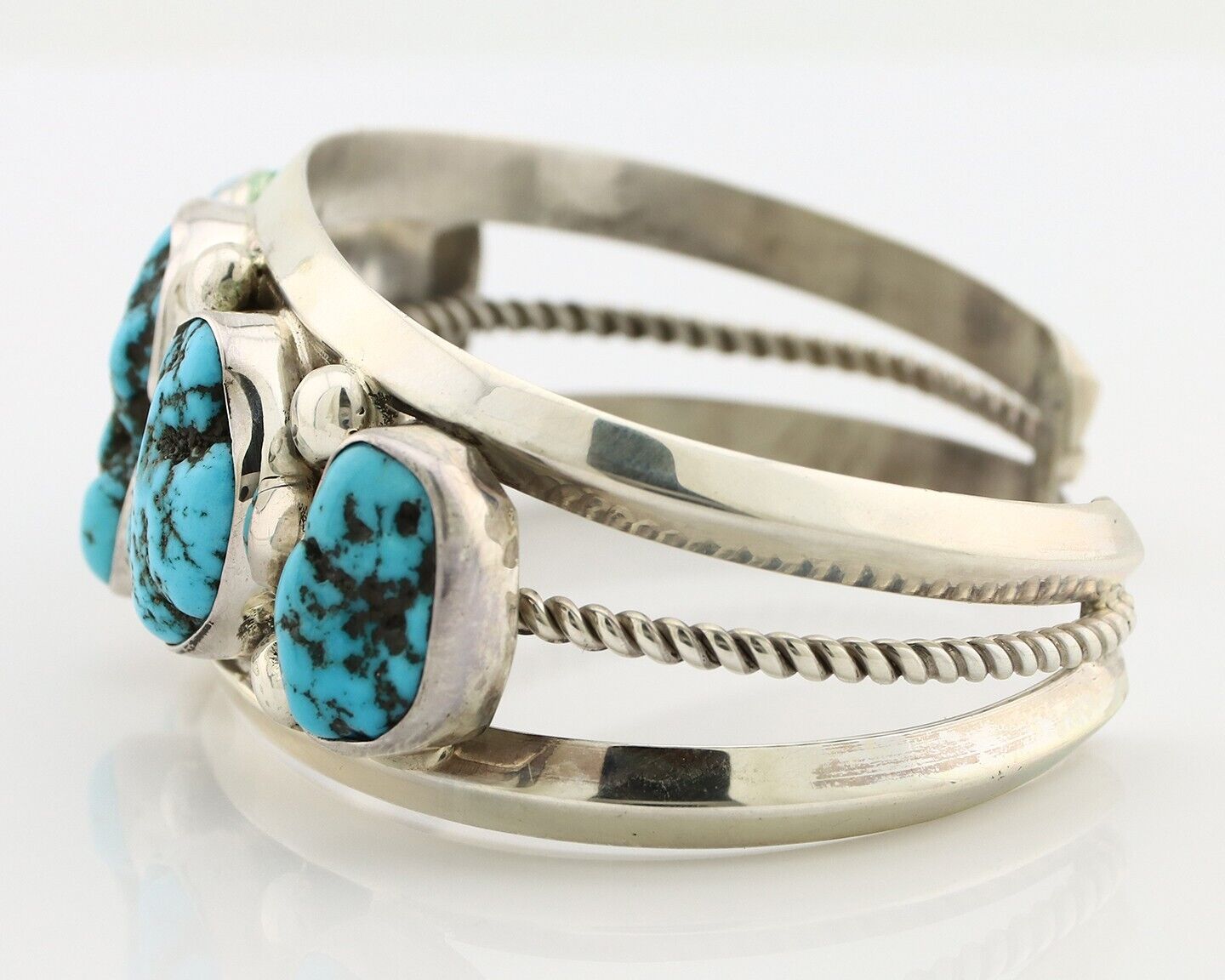 Navajo Bracelet 925 Silver Nugget Sleeping Beauty Turquoise Artist Signed JR C80