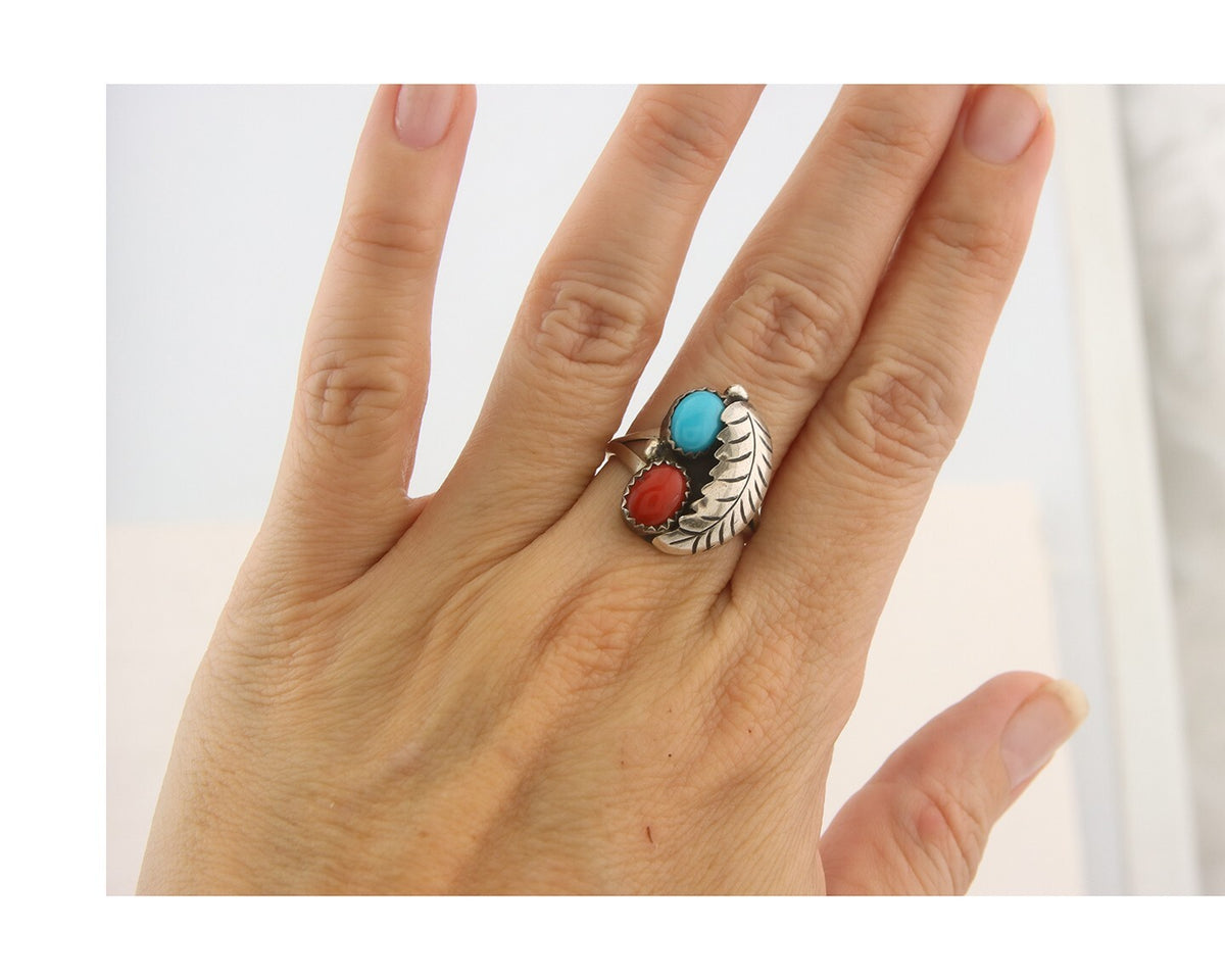Navajo Ring 925 Sterling Natural Coral & Turquoise Signed BB C.80's Size 7.25