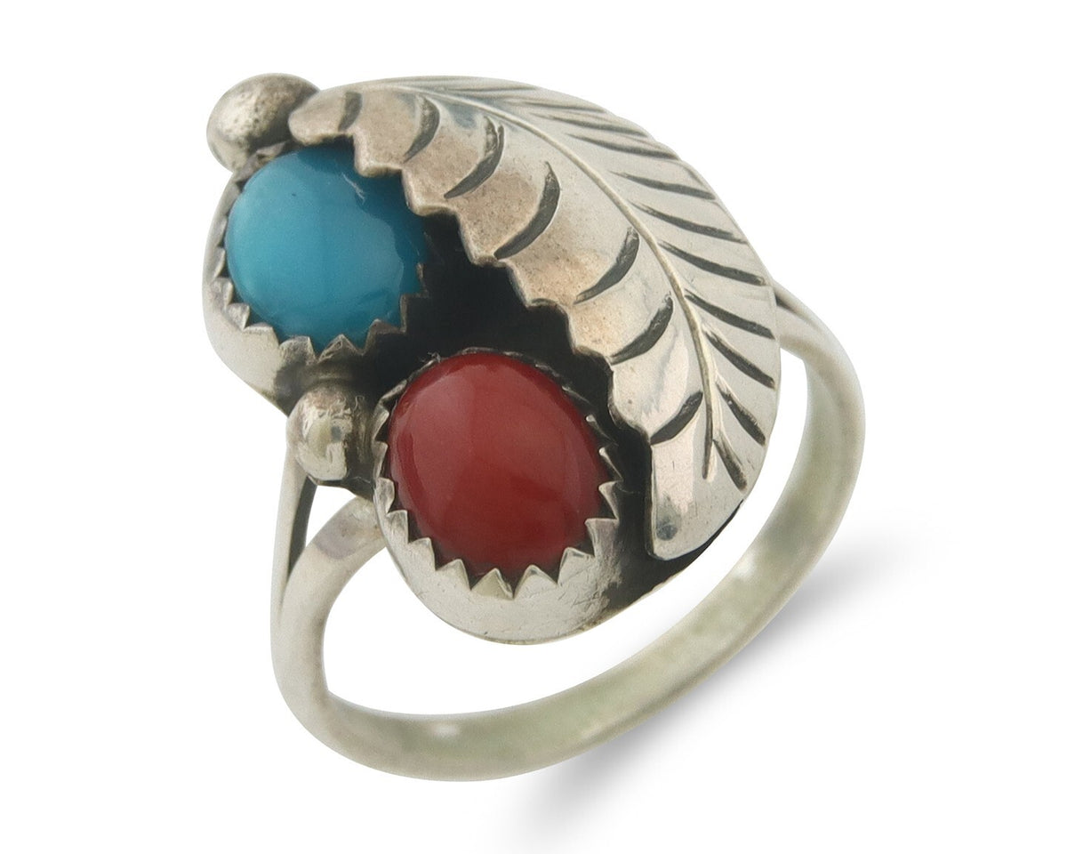 Navajo Ring 925 Sterling Natural Coral & Turquoise Signed BB C.80's Size 6.0