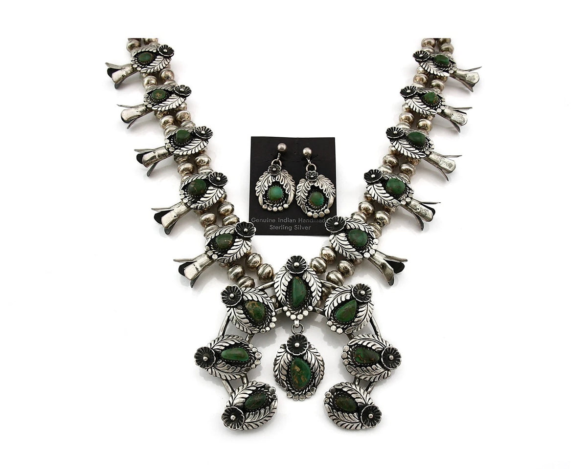 Navajo Squash Necklace Earring Set Sterling Silver Turquoise Vintage C.80's