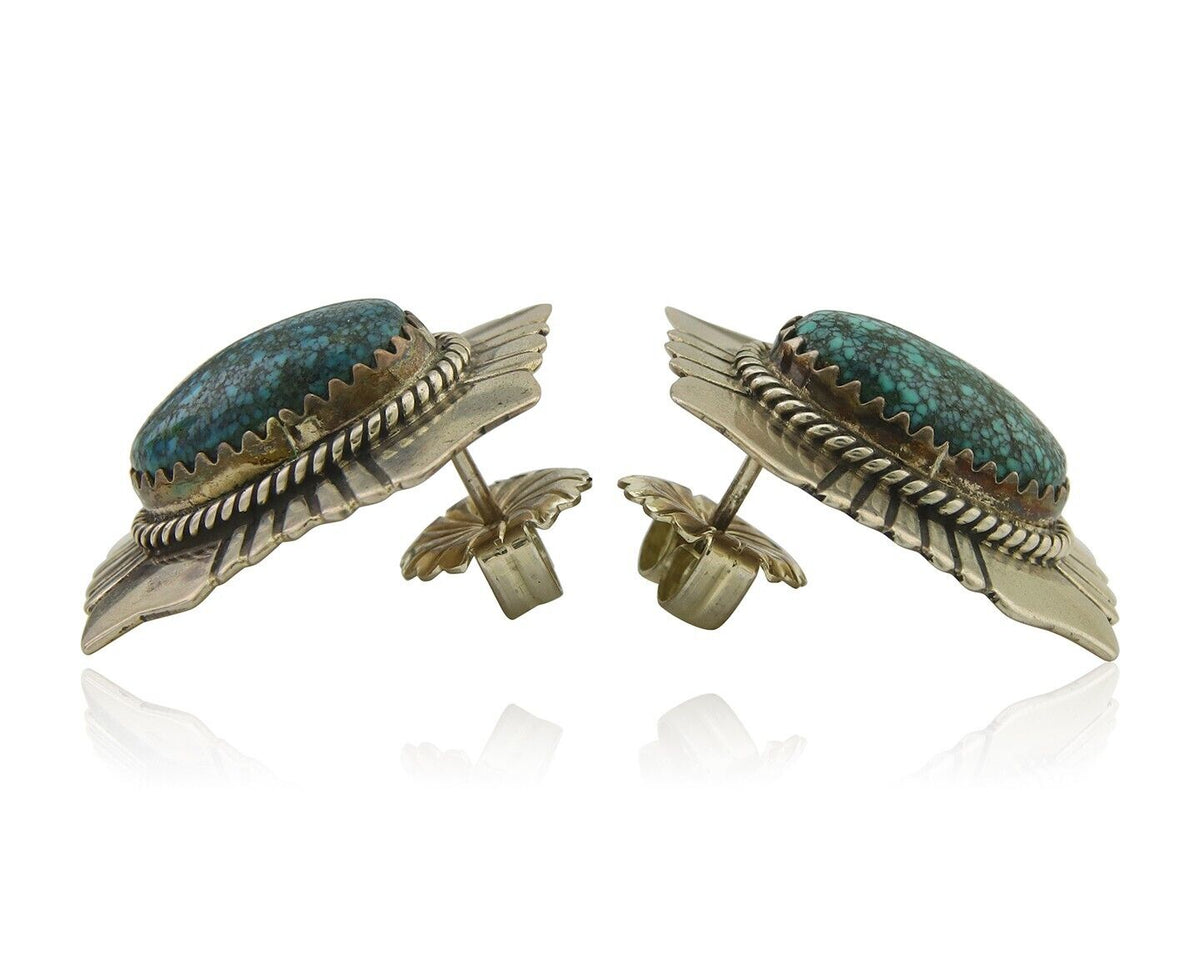 Navajo Earrings 925 Silver Natural Turquoise Artist Signed Running Bear C80s