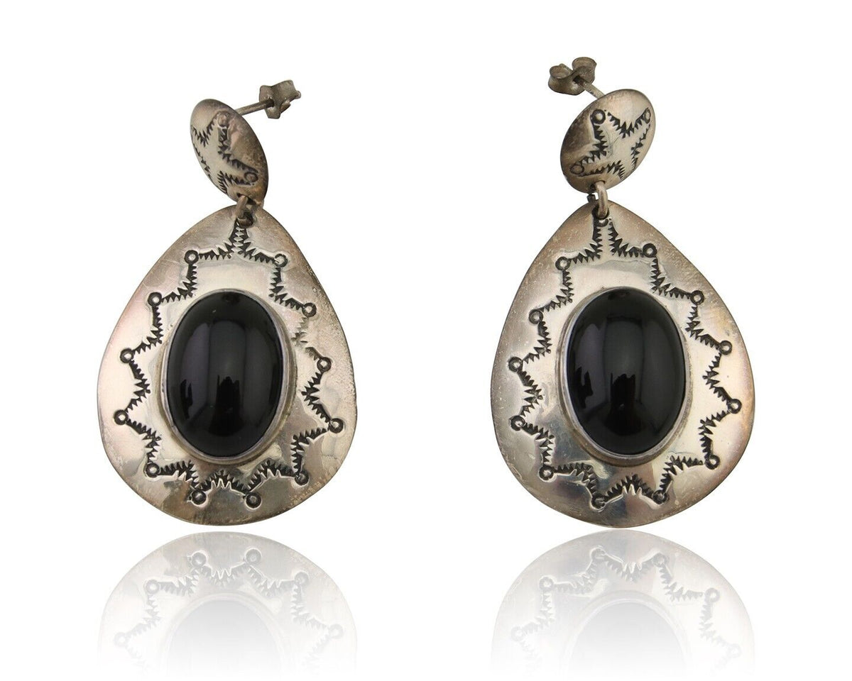 Navajo Handmade Earrings 925 Silver Onyx Artist Douglas Etsitty C.80's