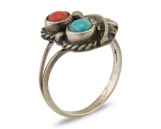 Navajo Handmade Ring 925 Silver Coral & Turquoise Native Artist C.80's