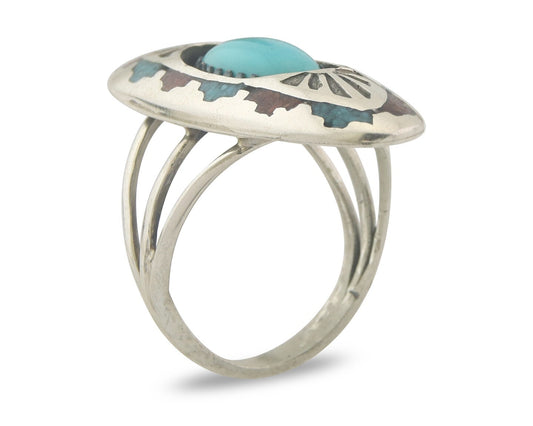 Vintage Navajo Ring 925 Sterling Turquoise & Coral Signed Circle JW Size 6.0
