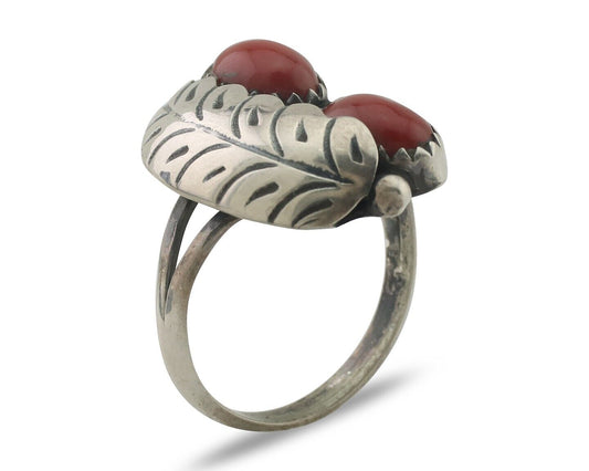 Navajo Handmade Ring 925 Silver Natural Mediterranean Coral Signed 88 C.80's