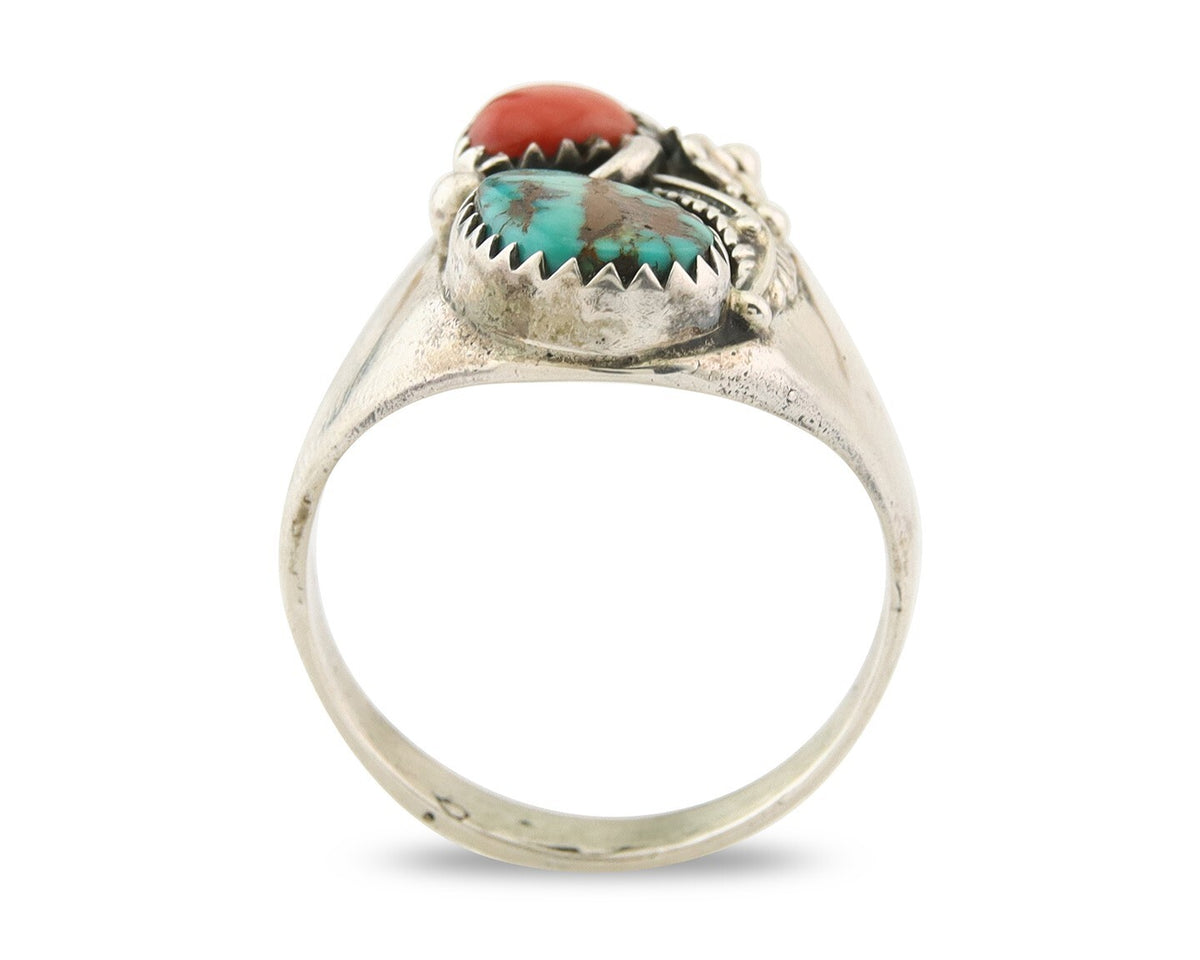 Navajo Ring 925 Sterling Turquoise & Coral Native Artist C.80's Size 8.75