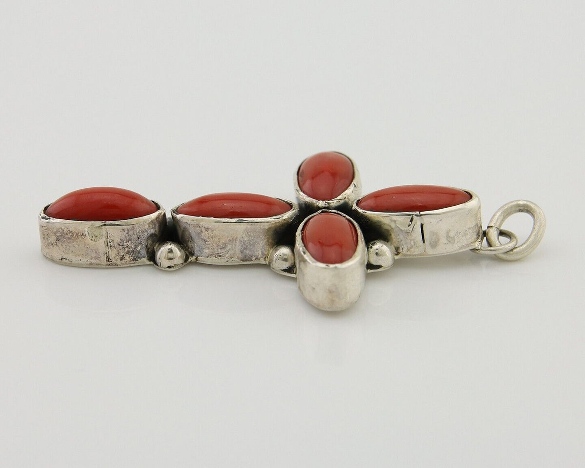 Navajo Cross Pendant 925 Silver Mediterranean Coral Signed J Tso C.80s