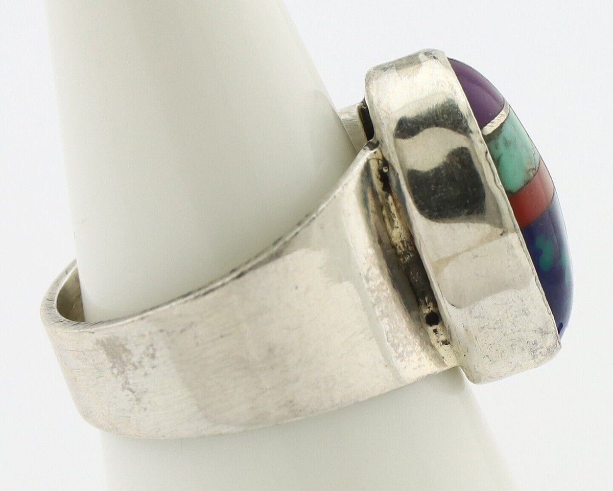 Zuni Inlaid Ring 925 Silver Mixed Natural Gemstones Native American Artist C.80s