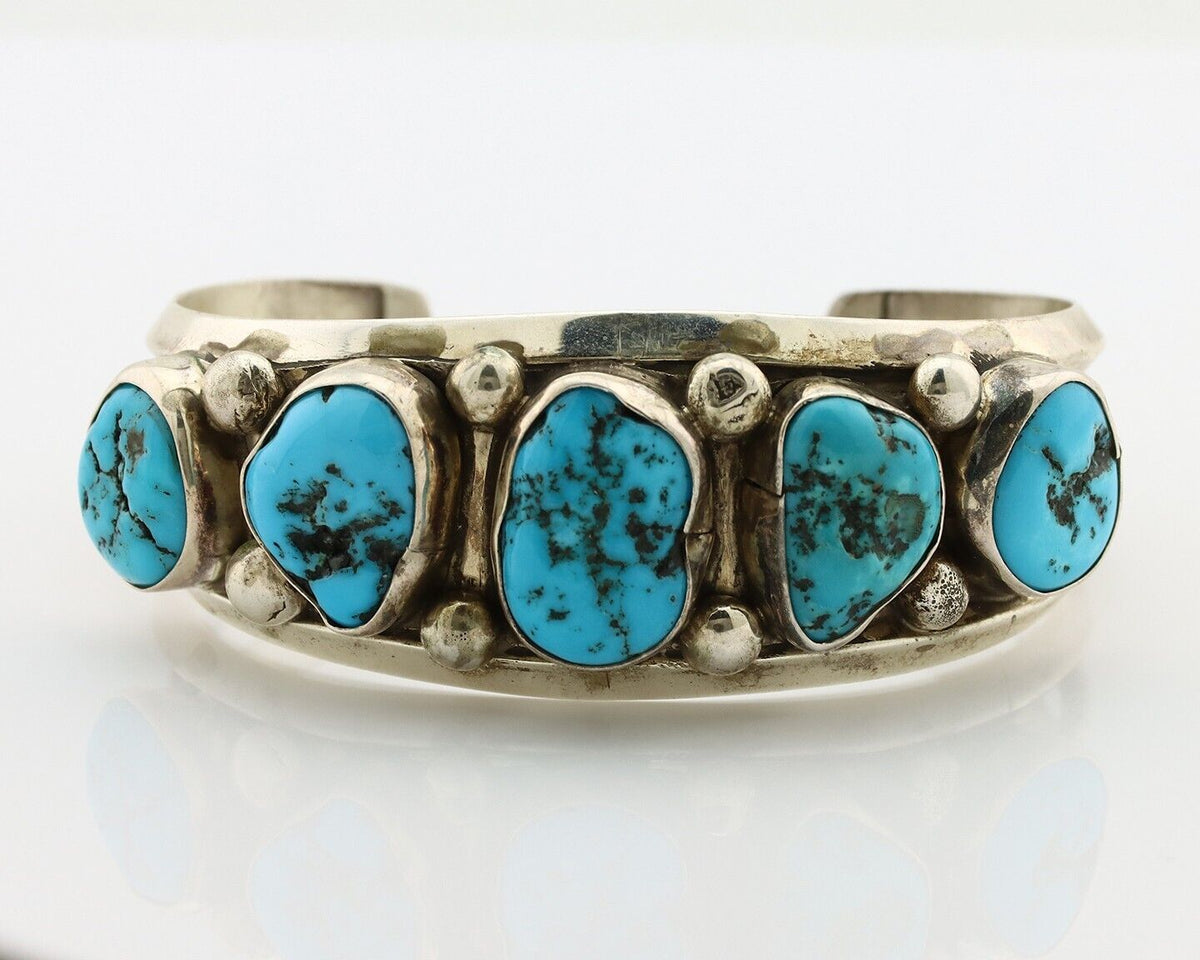Navajo Bracelet 925 Silver Nugget Sleeping Beauty Turquoise Artist Signed JR C80