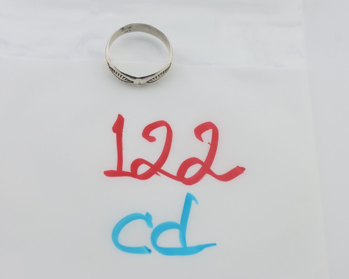 Navajo Hand Stamped Band 925 Silver 5.0 mm Signed Larry Chavez Size 8.5 C.80's