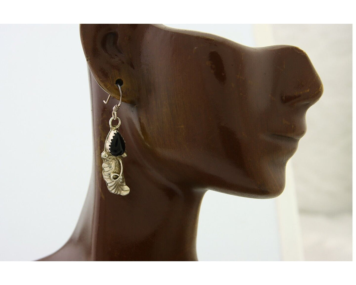 Navajo Earrings 925 Silver Handmade Natural Onyx Signed DB C.80's
