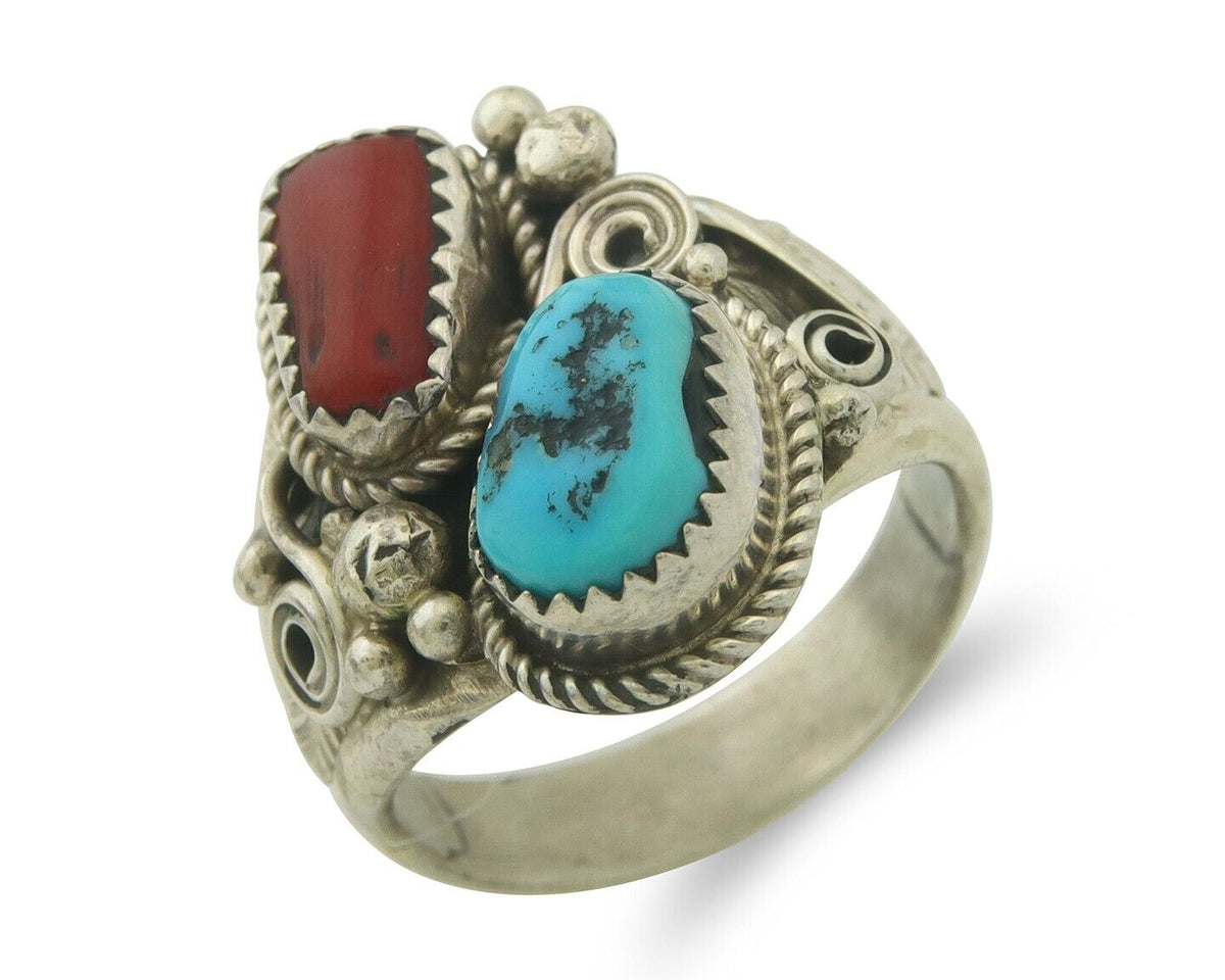 Men Navajo Ring 925 Sterling Natural Coral & Turquoise Signed JM C.80's Size 11