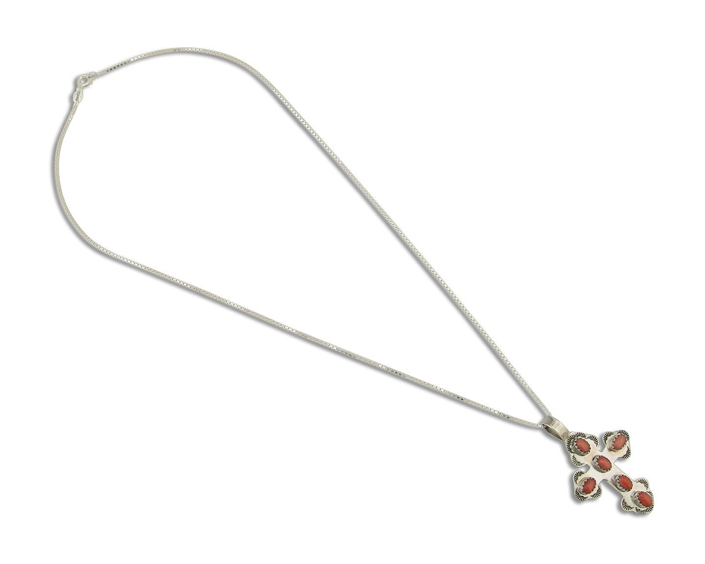 Navajo Cross Necklace 925 Silver Mediterranean Coral Artist Signed CB C80s