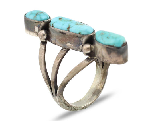 Navajo 3 Stone Ring 925 Silver Morenci Turquoise Native American Artist C.80's