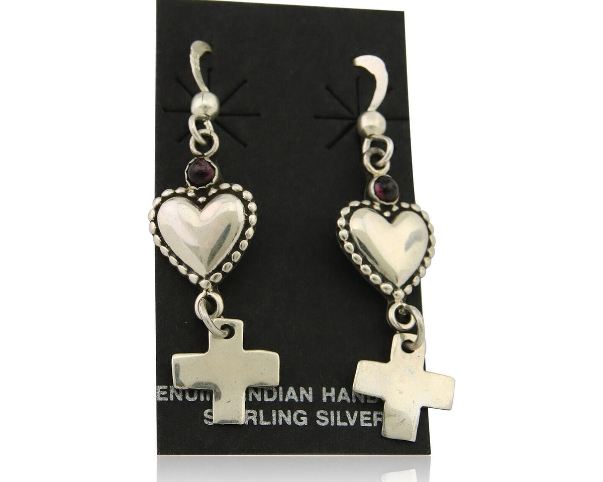 Navajo Earrings 925 Silver Heart Cross Amethyst Native American Artist C.80's