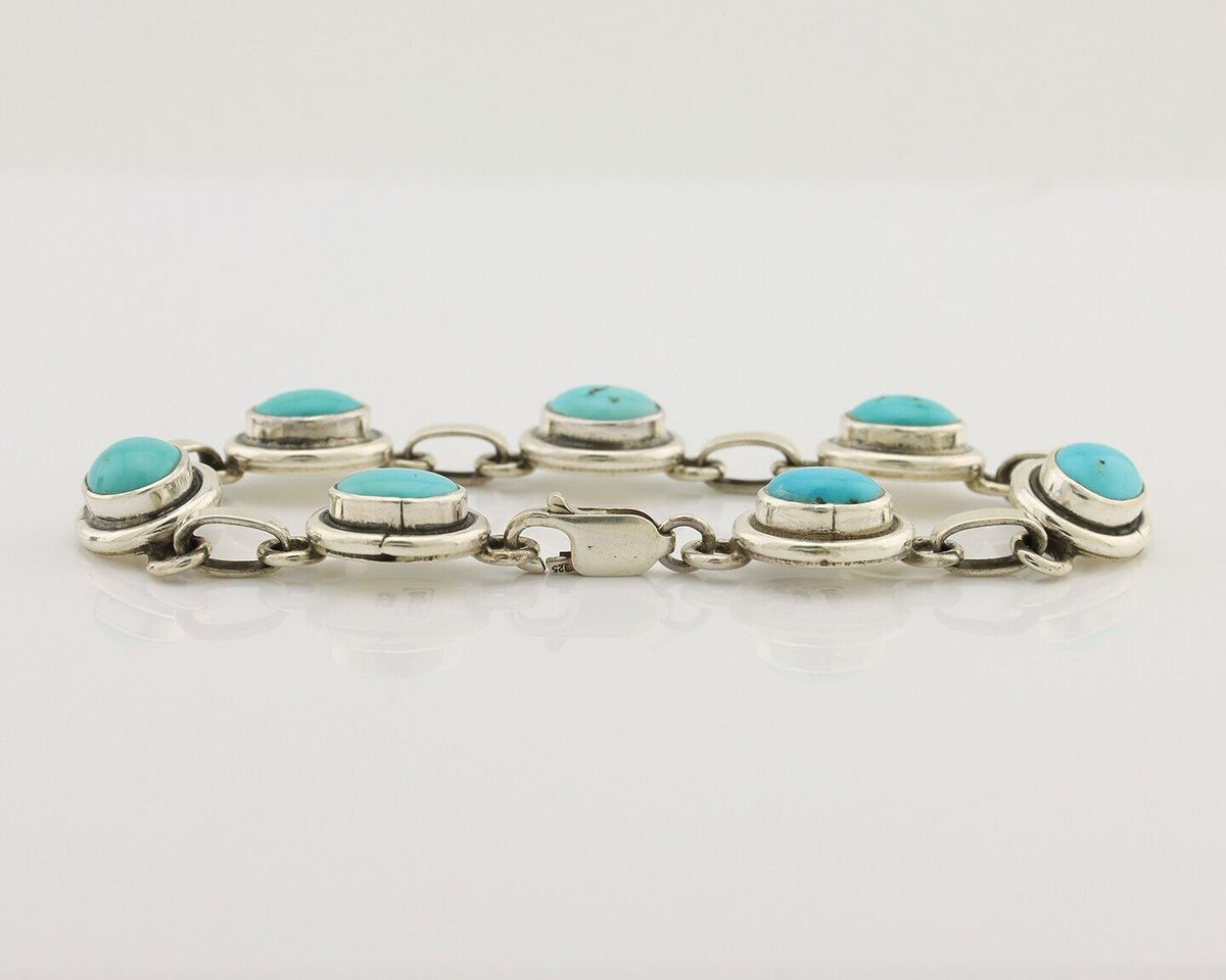 Navajo Link Bracelet 925 Silver Kingman Turquoise Native American Artist C.80's