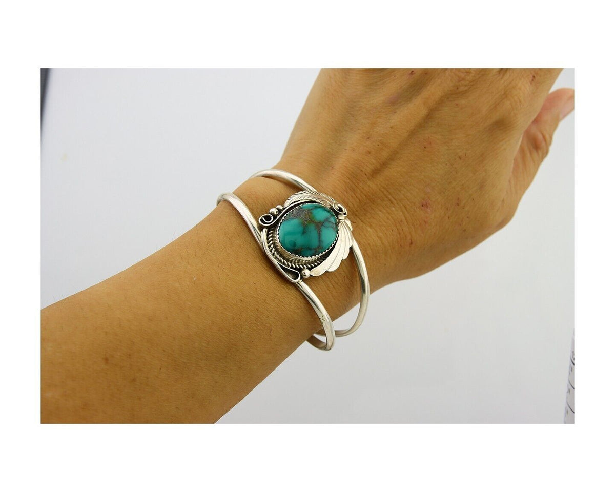 Navajo Cuff Bracelet 925 Silver Turquoise Artist Signed C Davis C.80's