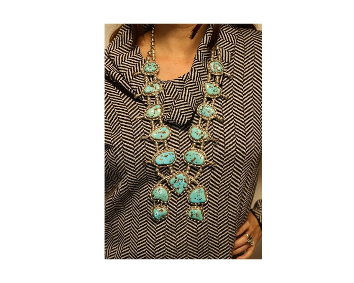 HUGE Navajo Squash Necklace 925 Silver Bisbee Turquoise Signed BY-OG C.80's