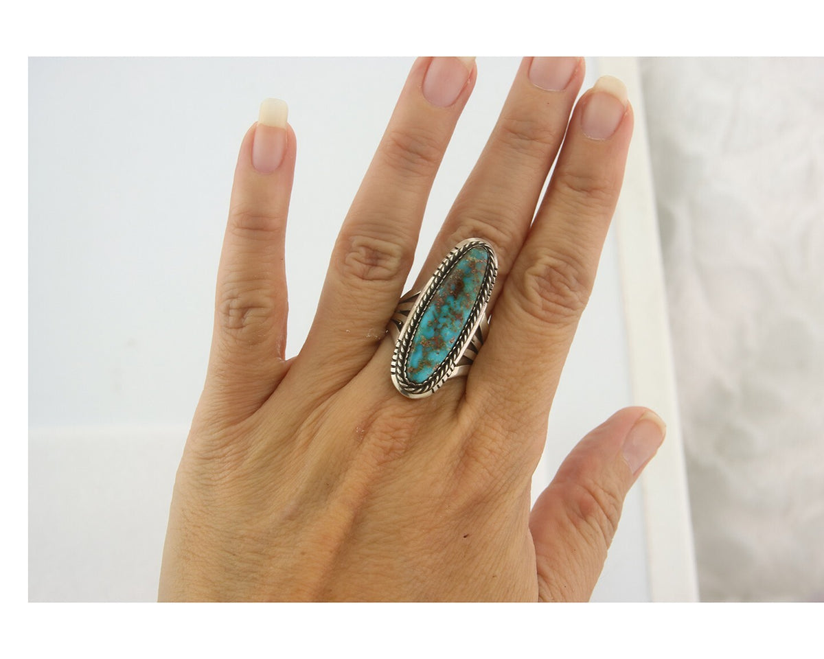 Vintage Navajo Ring 925 Sterling Authentic Turquoise Artist Signed TS Size 8.0