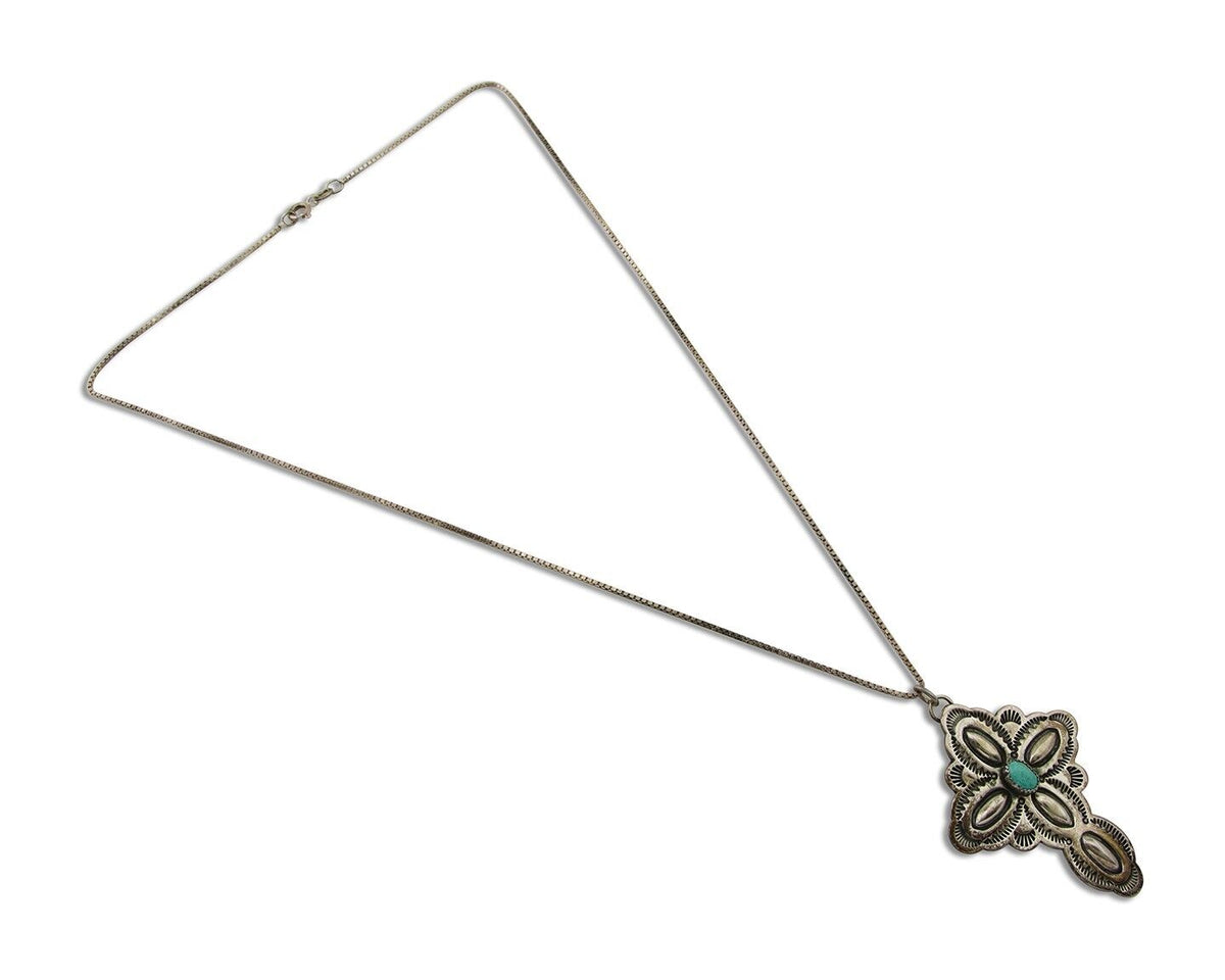 Navajo Cross Hand Stamped Necklace 925 Silver Turquoise Artist JRS C.80's