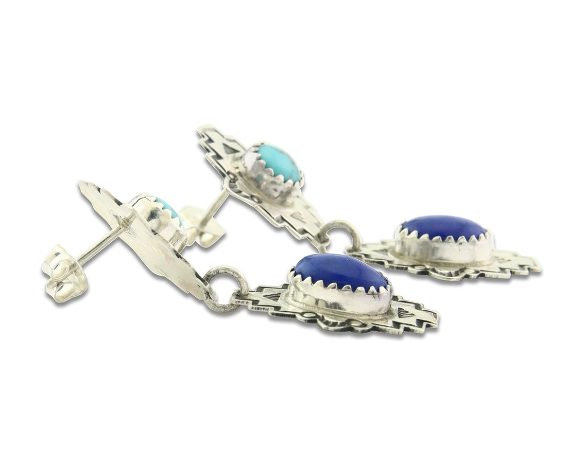 Navajo Earrings Sterling Silver Lapis & Truquoise Vintage Signed Mary Ellen