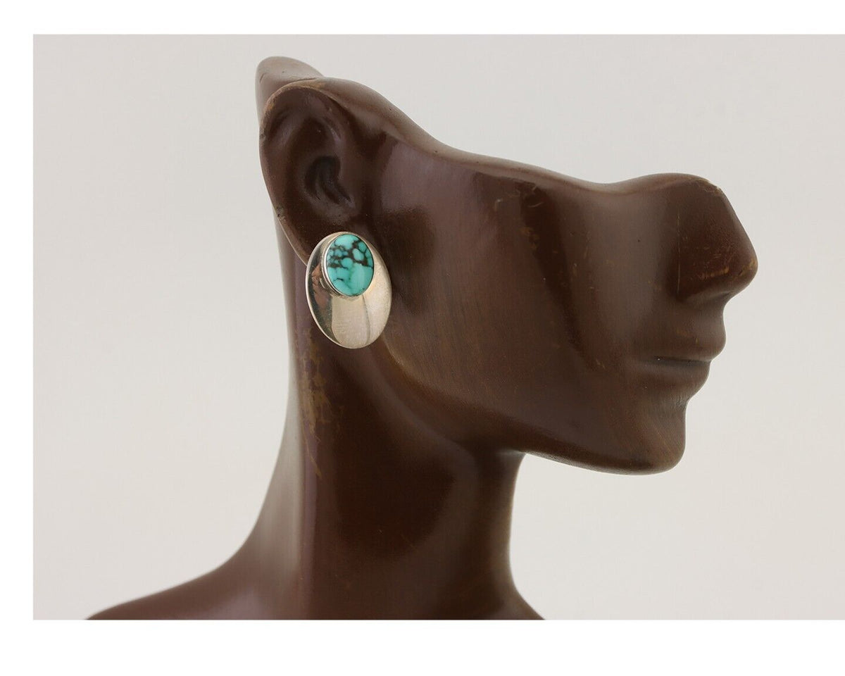 Navajo Shield Earrings 925 Silver Natural Malachite Signed Ella Peters C.80's