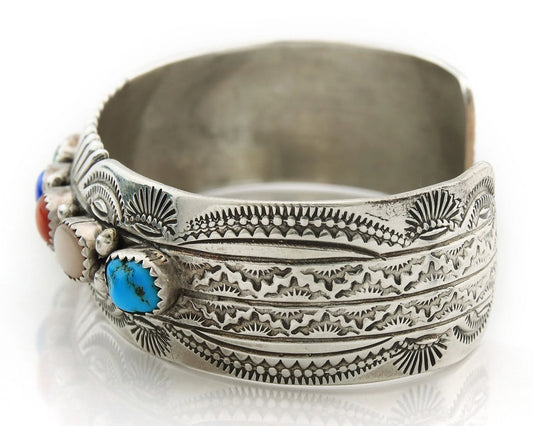 Navajo Cuff Bracelet Sterling Silver Natural Gemstone Vintage Signed WB