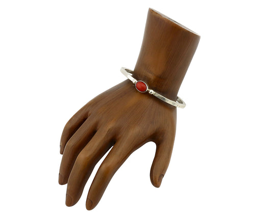 Navajo Bracelet .925 Silver Red Mediterranean Coral Native American Artist C90s