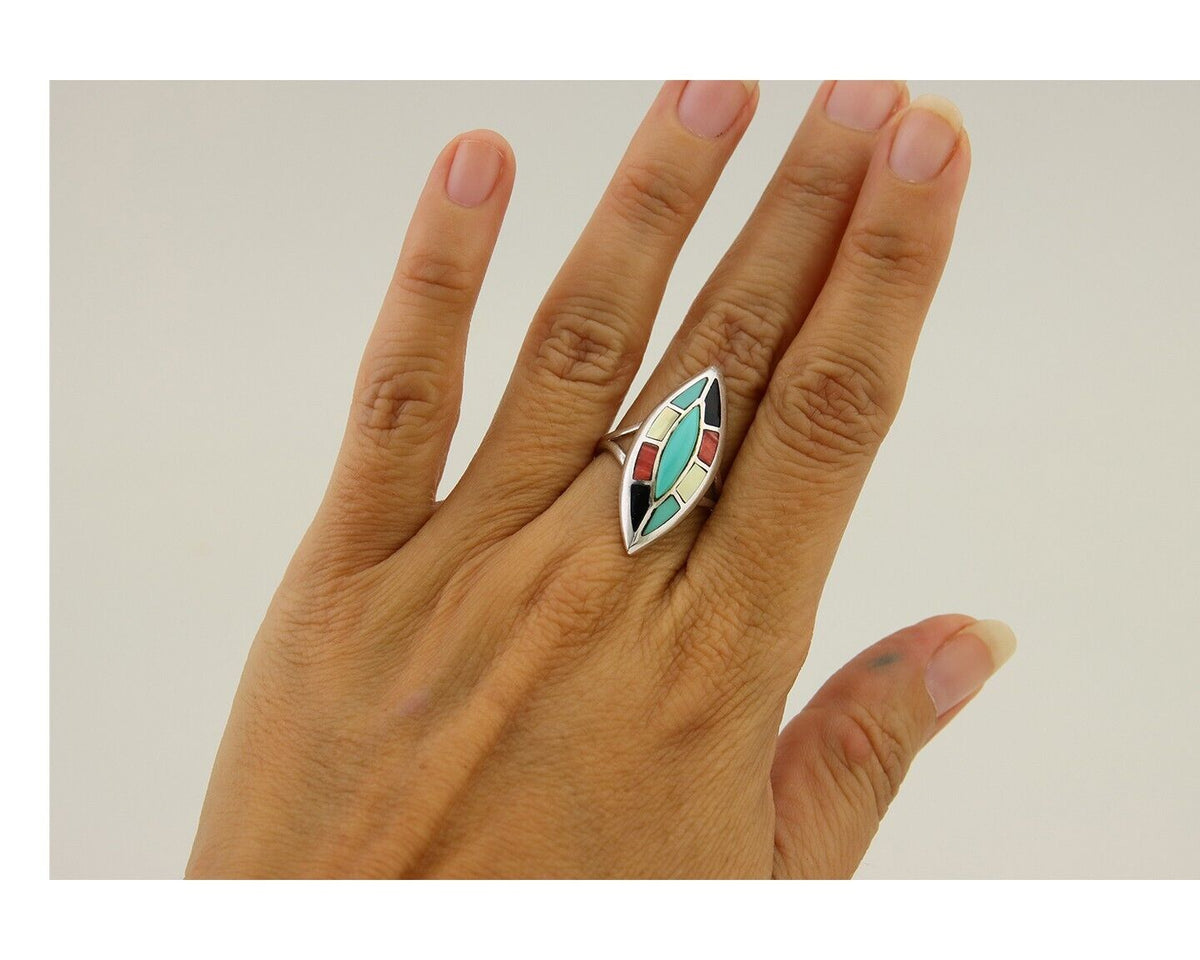 Navajo Ring 925 Silver Turquoise Shell Onyx Spiney Oyster Native Artist C80's
