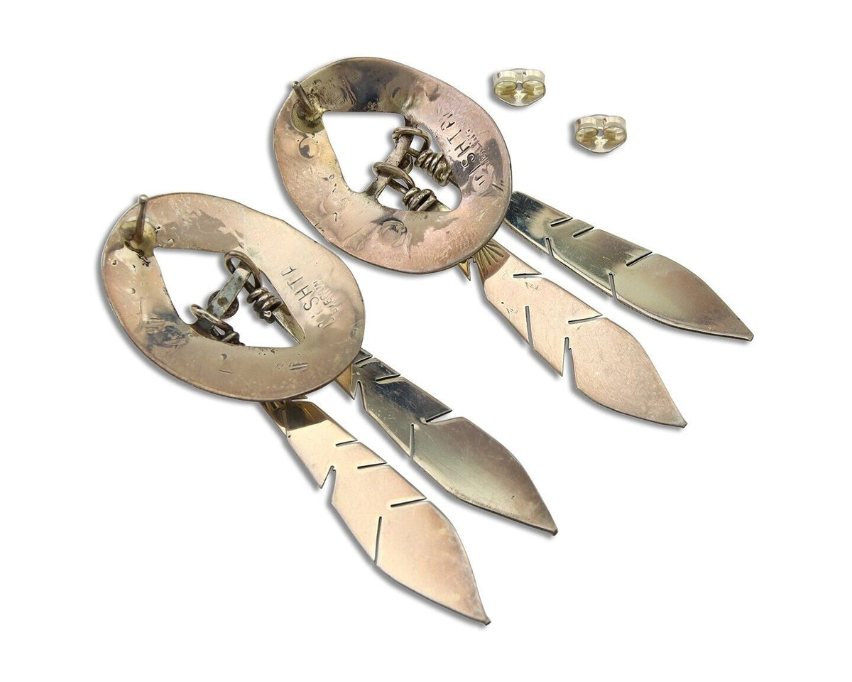Navajo Feather Earrings 925 Silver Dangle Artist Signed DISHTA C.80's